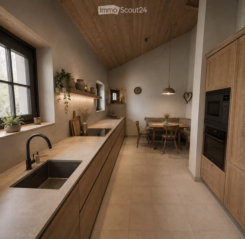 Modern kitchen with light wood cabinets, beige tiled floor, and a central island with a sink and faucet. Includes a dining area with a table and chairs, pendant light, and decorative vases on shelves.