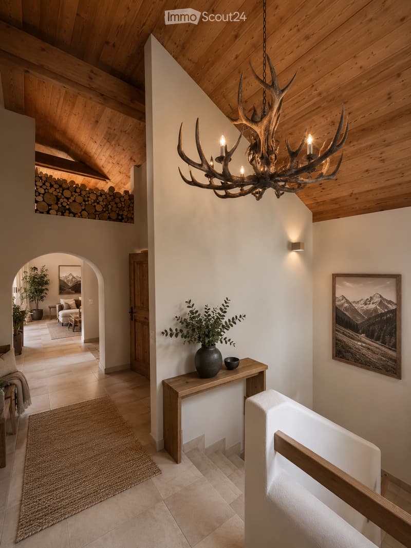 Elegant hallway with wooden ceiling beams, a chandelier made from antlers, a small wooden console table with a vase and bowl, a woven rug, and a view into a living area with a sofa and armchair.