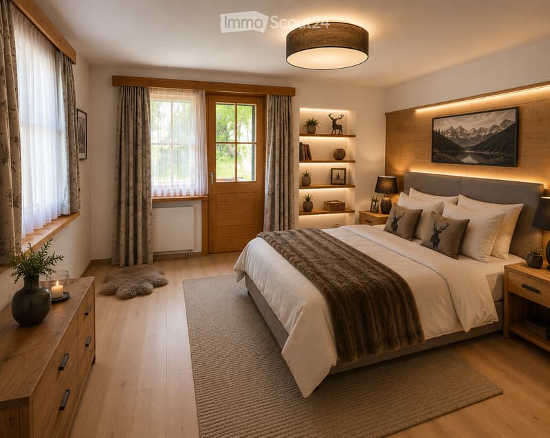 Cozy bedroom with a large bed, nightstands, lamps, a fur throw, a rug, and decorative items including a vase, candle, and picture frames.