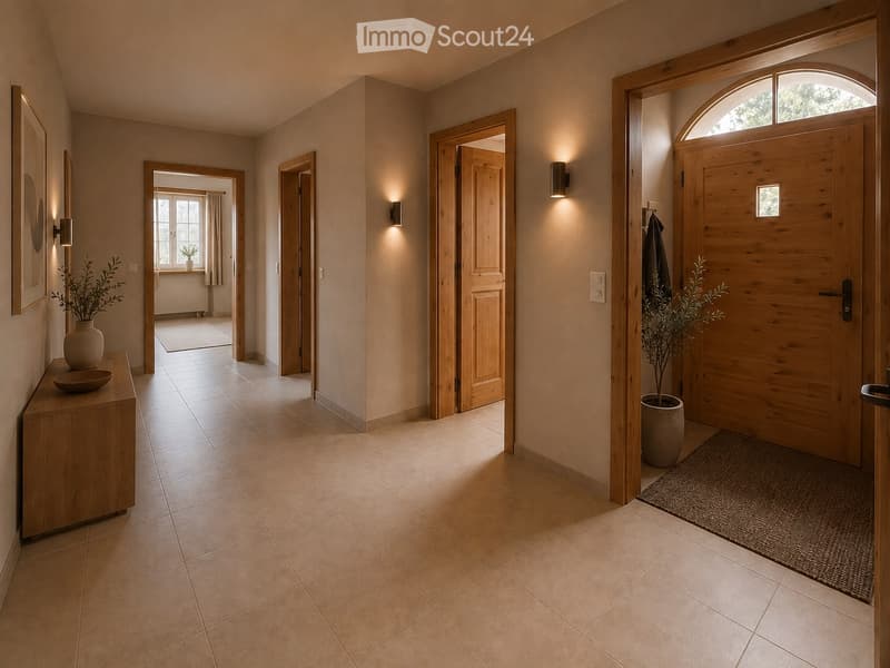 Spacious hallway with tiled flooring, wooden doors, wall-mounted lighting, and decorative vases on side tables.