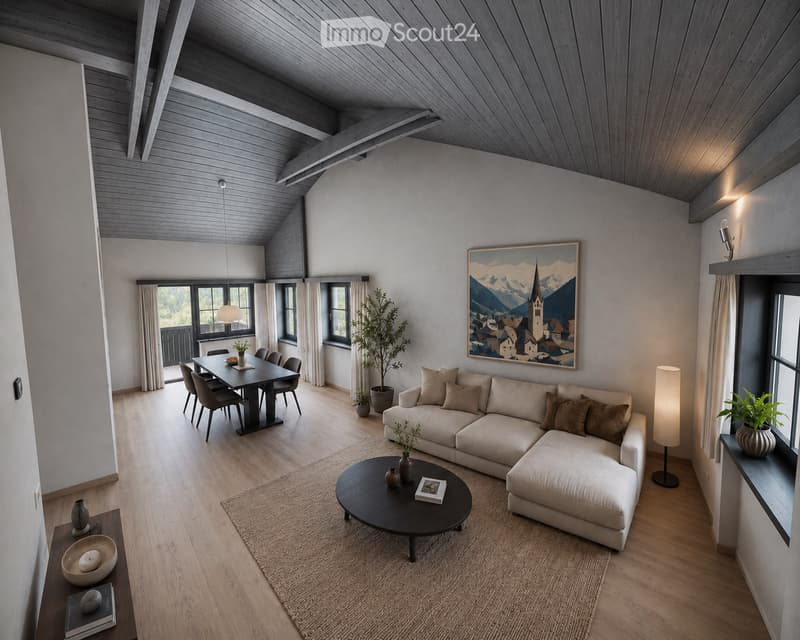 Modern living and dining area with exposed wooden beams, light grey sofa, coffee table, dining table with chairs, and large windows with curtains.