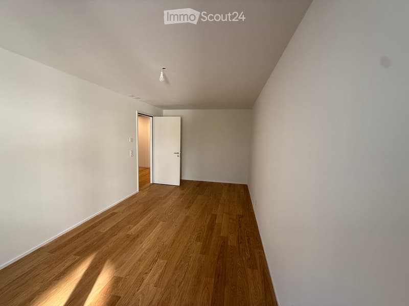 Empty room with light-colored walls, wooden flooring, and a single door leading to another space.