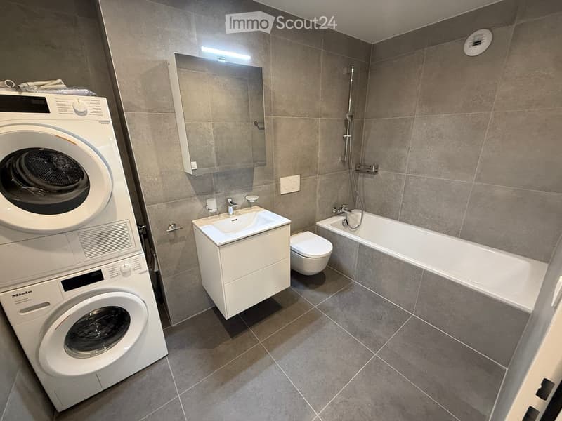 Modern bathroom with grey tiled walls and floor, featuring a washing machine, sink, toilet, bathtub, and a large mirror with built-in lighting.