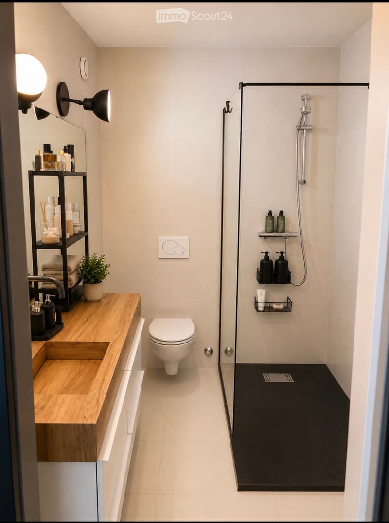Modern bathroom with a wooden sink, toilet, glass-enclosed shower, and shelves holding toiletries and towels.
