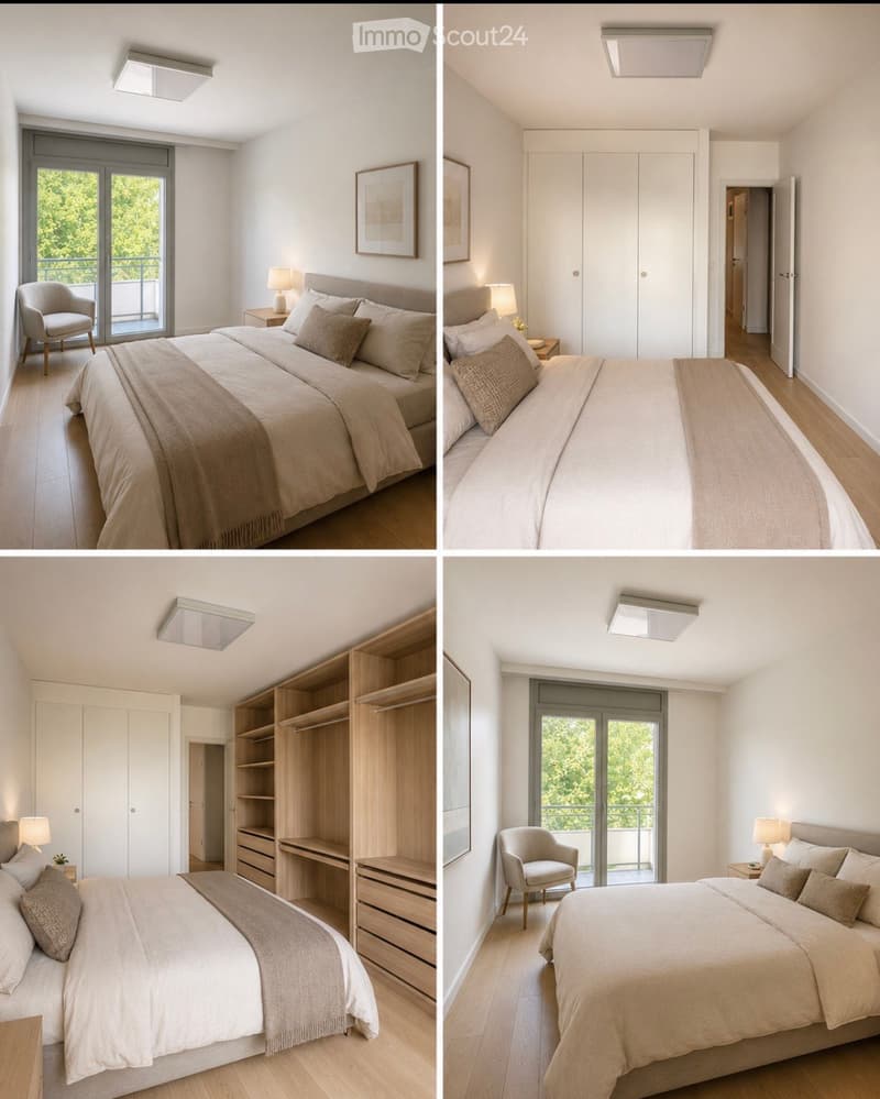 Modern bedroom with a large bed, nightstand, lamp, armchair, and built-in wardrobe with shelves. Large windows and balcony access.