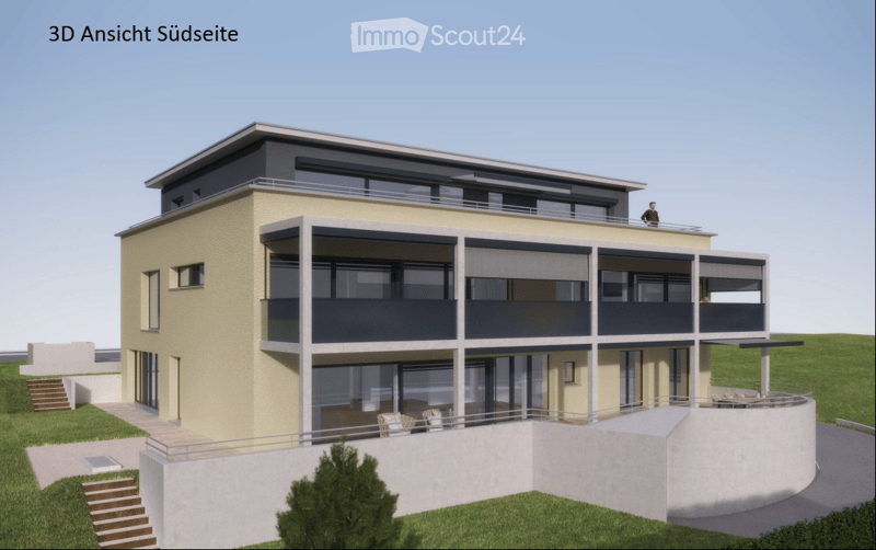3D rendering of a modern two-story house with large windows, balconies, and a raised ground floor entrance.