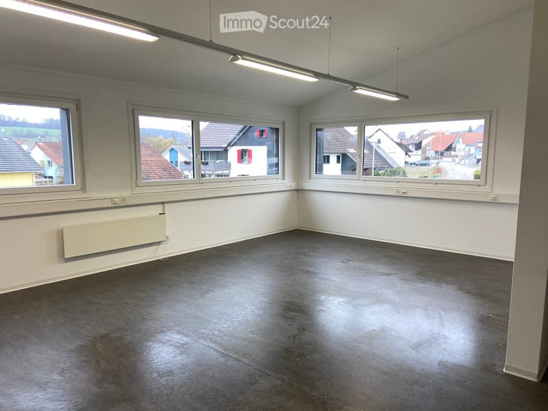 Empty room with bare walls, concrete floor, large windows, and fluorescent lighting.