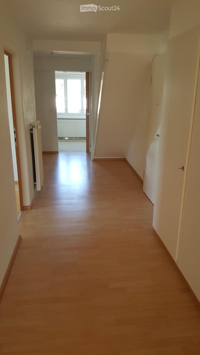 Empty hallway with wooden flooring, white walls, and doors on both sides. Natural light streams in from a window at the end.