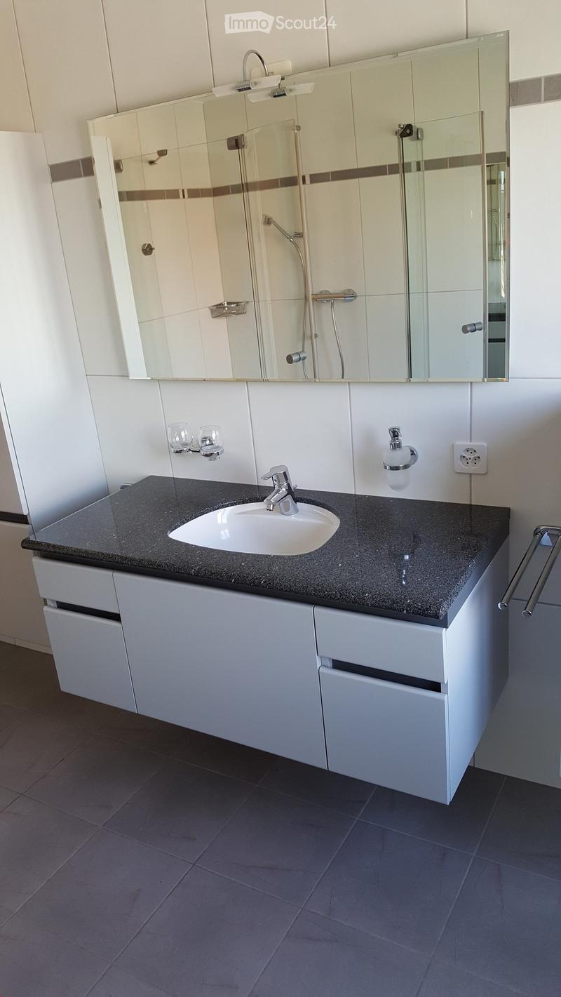 Modern bathroom with a white sink, chrome faucet, mirrored cabinet, and dark granite countertop.