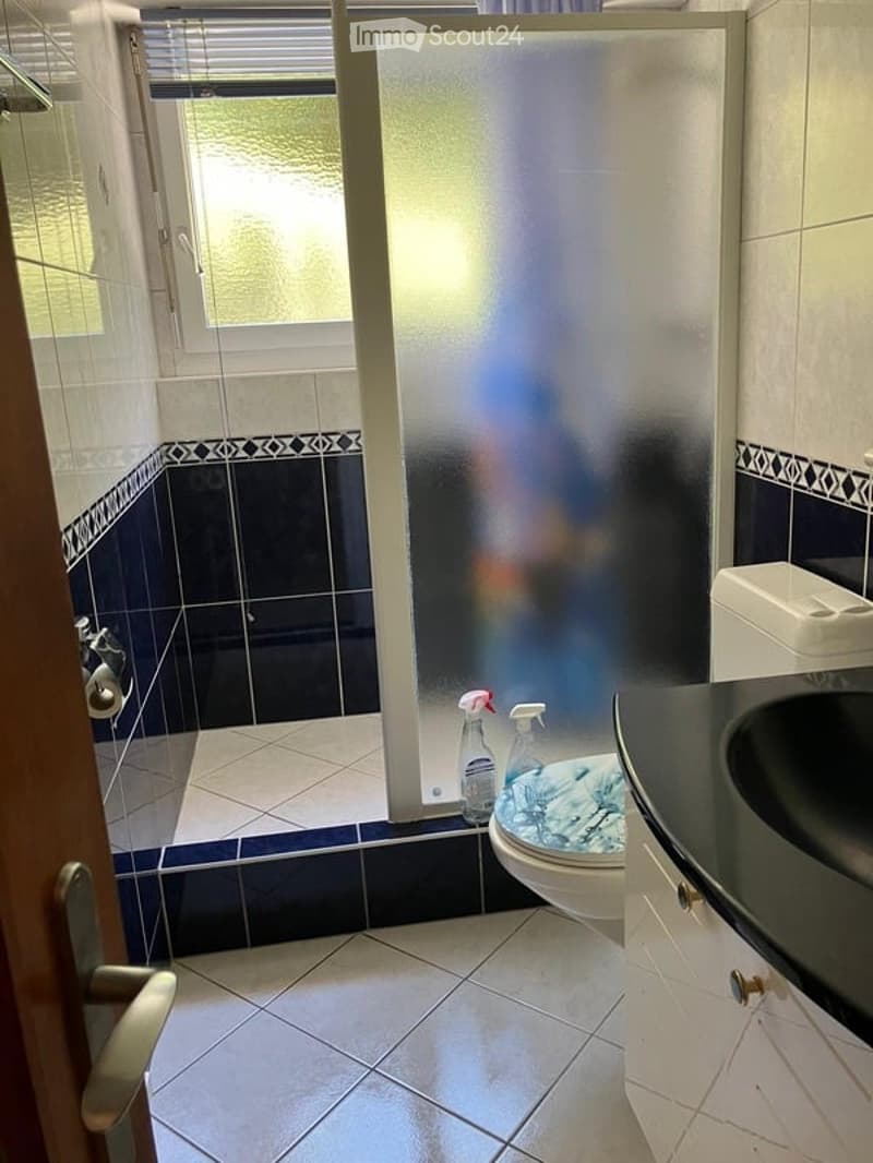 Modern bathroom with blue and white tiled walls, a glass shower stall, a toilet, a sink, and cleaning supplies on the floor.