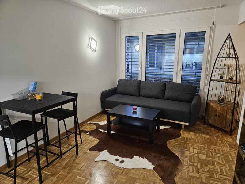 Modern living room with a grey sofa, coffee table, dining table with stools, and a decorative shelf with plants.