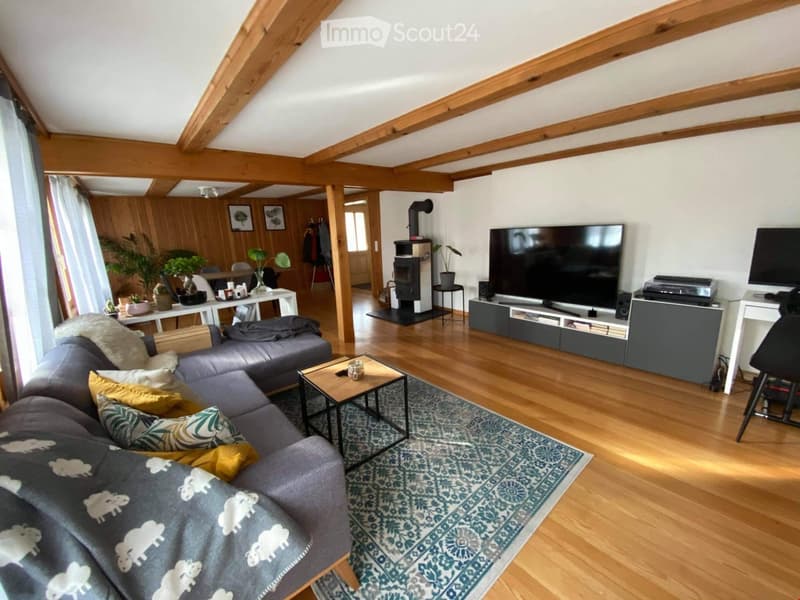 wooden floor, gray sofa, coffee table, TV, wooden ceiling, fireplace, curtains