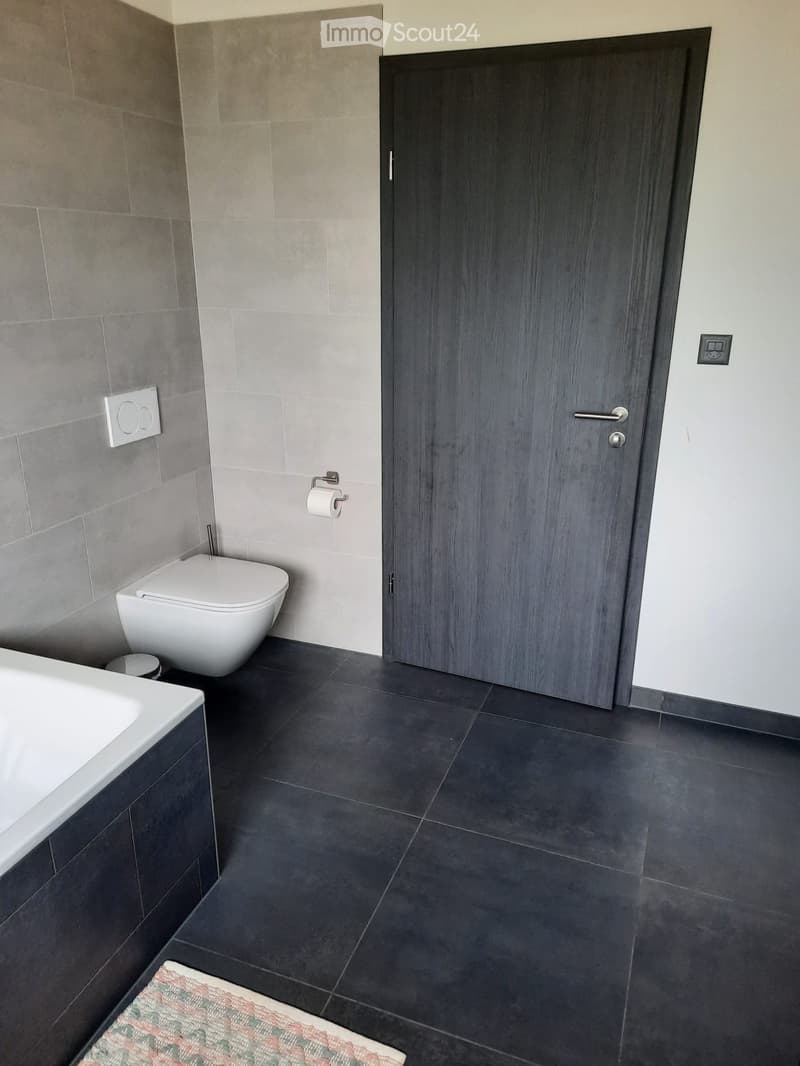 Modern bathroom with dark tiled floor, white toilet, bathtub, and a grey wooden door.
