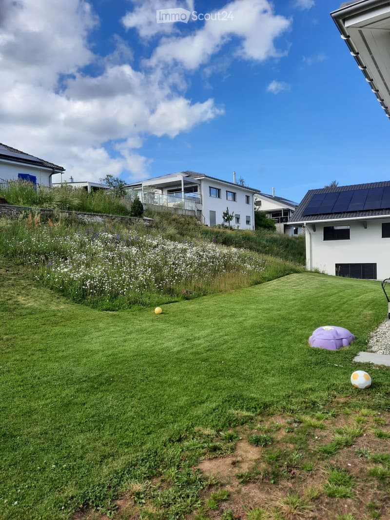 Well-maintained garden with a lawn, flower beds, and a small hill leading to modern houses with balconies and solar panels.