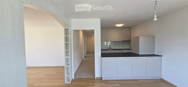 Empty kitchen area with white cabinets, black countertops, and wooden flooring. No furniture or appliances are present.