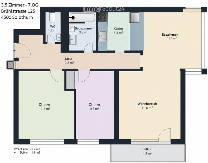 Floor plan of a 3.5-room apartment on the 7th floor, including a kitchen, dining room, living area, two bedrooms, bathroom, and balcony.