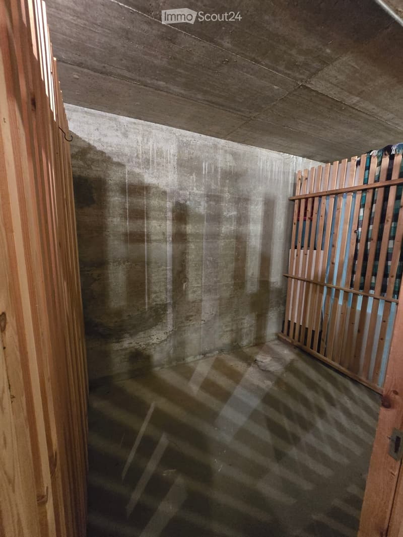 Empty room with concrete walls and ceiling, wooden framing on one side, and a partially constructed wooden bed frame in the corner.