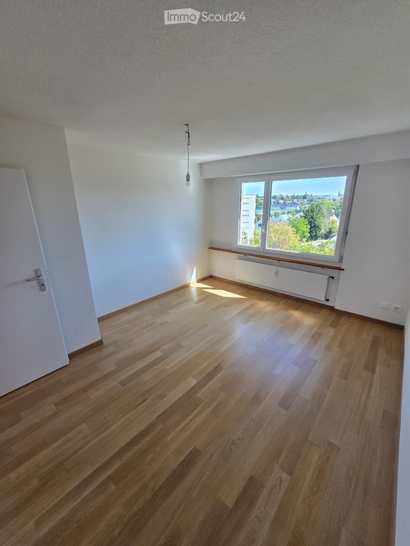 Empty room with wooden flooring, white walls, and a large window offering a view of the city and trees. There is a radiator below the window and a door on the left side.