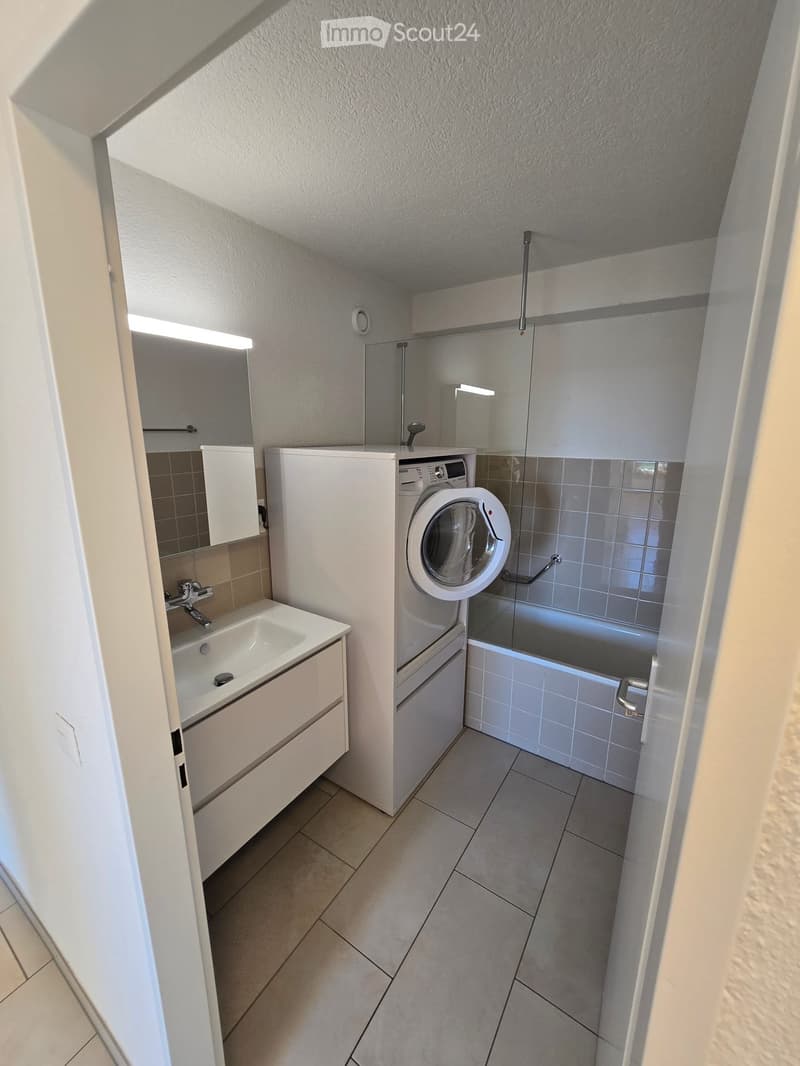 Modern bathroom with a sink, mirror, bathtub, and a washing machine in the corner.