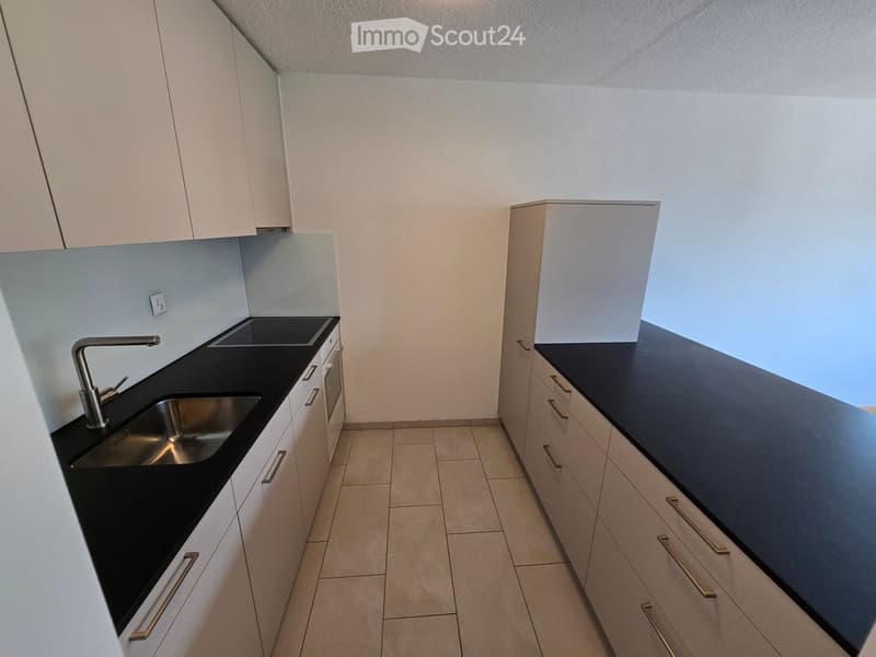 Empty kitchen with white cabinets, black countertops, and a stainless steel sink.
