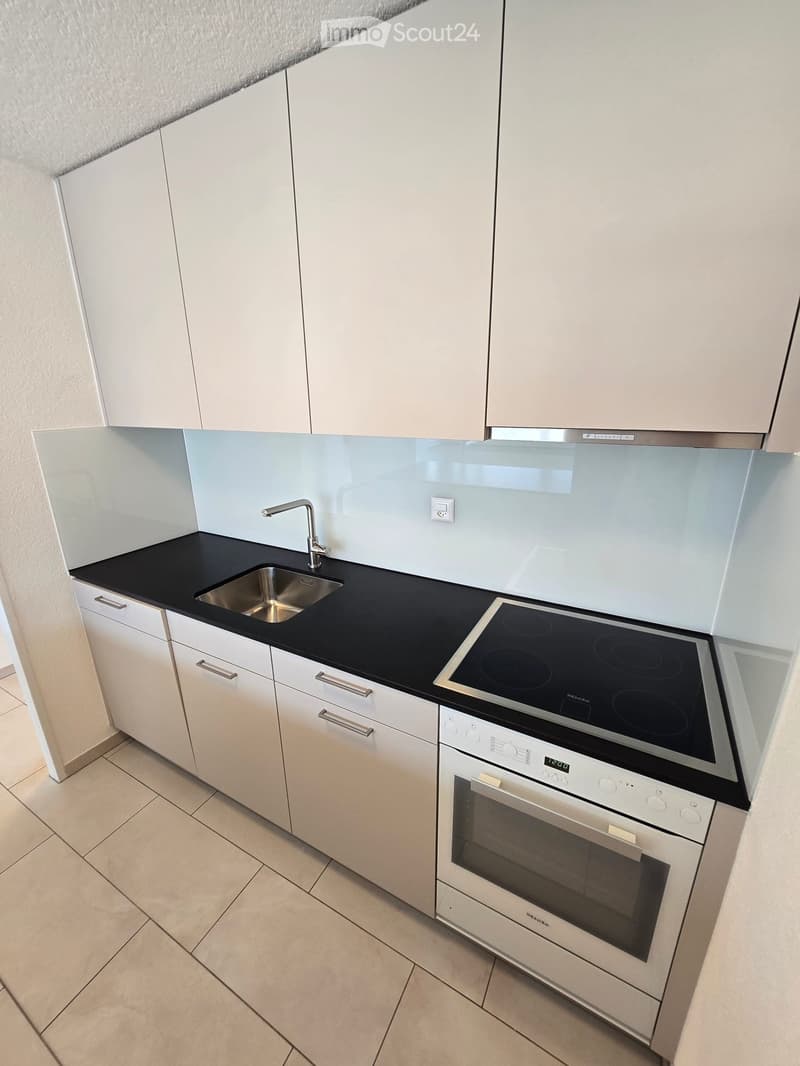 Modern kitchen with white cabinets, black countertop, stainless steel sink, induction cooktop, and built-in oven.