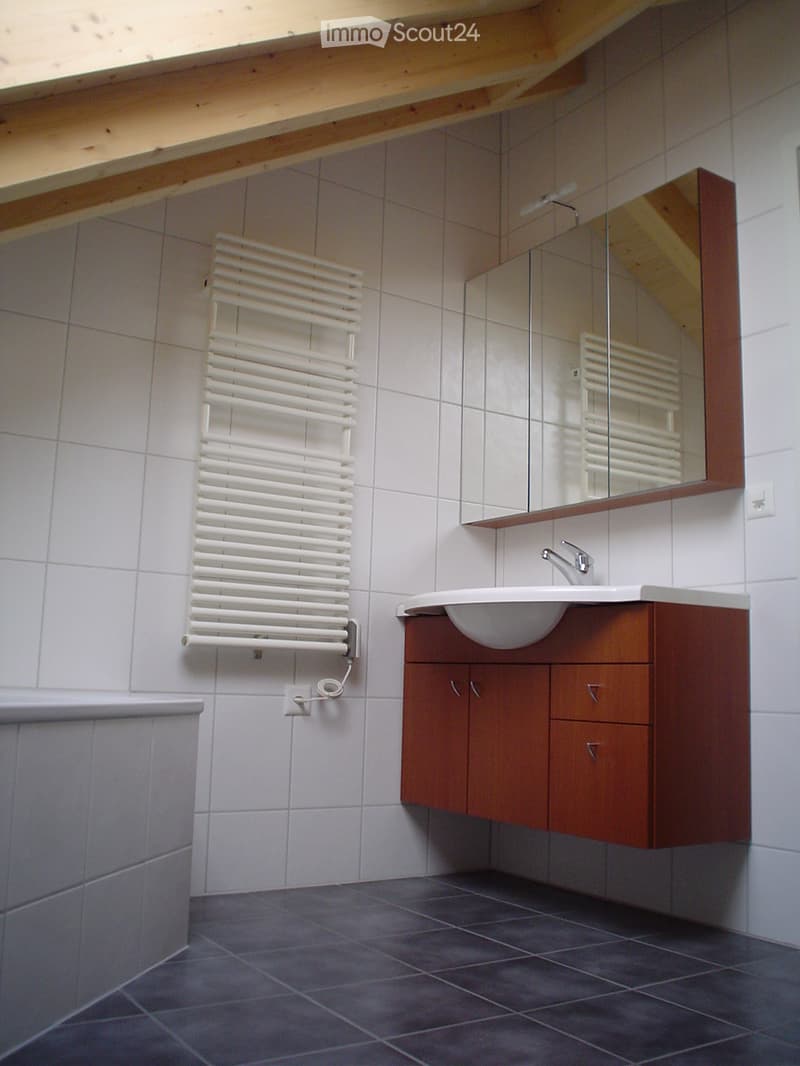 Modern bathroom with white tiled walls, dark tiled floor, wooden cabinet under sink, mirror above sink, and white radiator on wall.