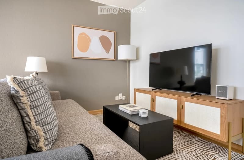 Modern living room with a grey sofa, black coffee table, floor lamps, flat-screen TV on a wooden stand, and a decorative picture frame on the wall.