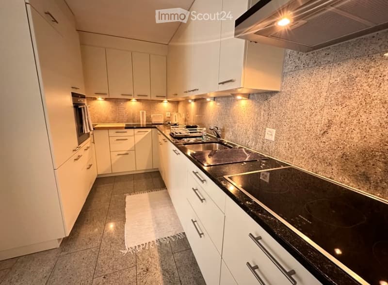 Modern kitchen with white cabinets, stainless steel appliances, granite countertops, and a black induction stove.