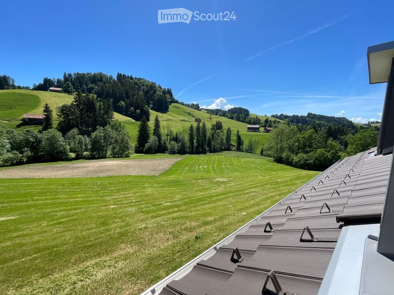 A panoramic view of a lush green valley with rolling hills, scattered trees, and a few houses in the distance under a clear blue sky.