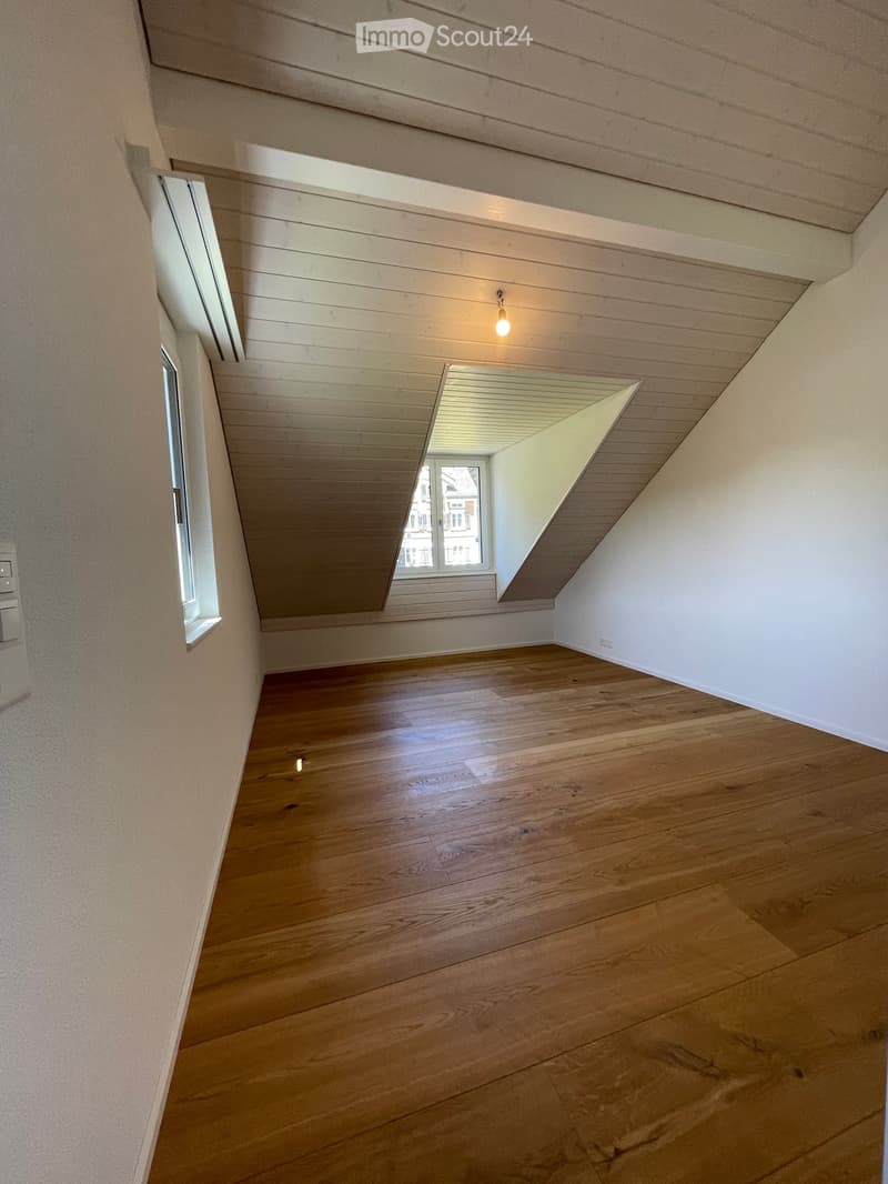 Empty attic room with wooden flooring, white walls, and skylight windows allowing natural light.