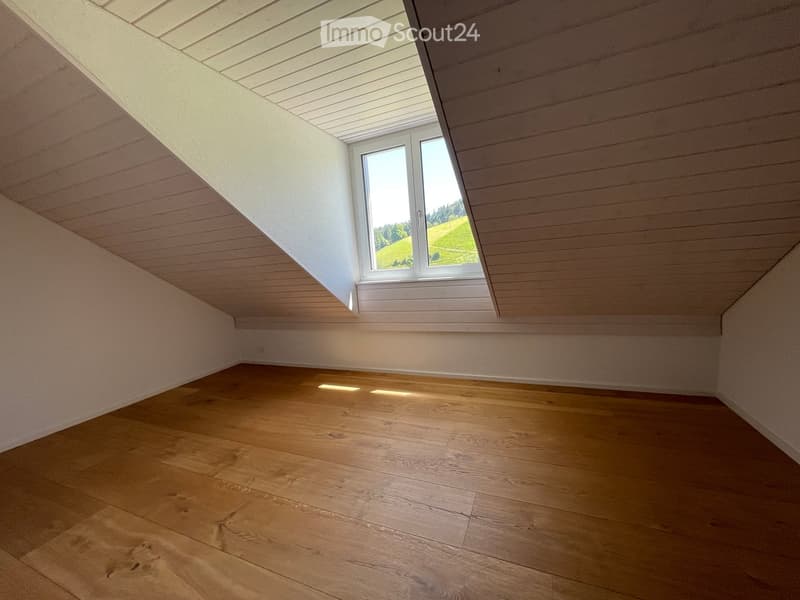 Empty attic room with wooden flooring, white walls, and a skylight window offering a view of a green landscape.