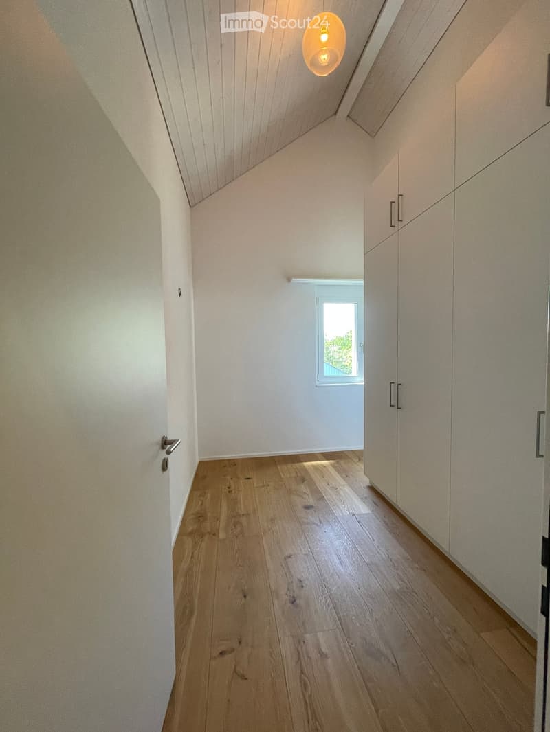 A narrow hallway with light wooden flooring, white walls, and built-in white cabinets on one side. A small window at the end allows natural light to enter, and a modern pendant light hangs from the sloped ceiling.