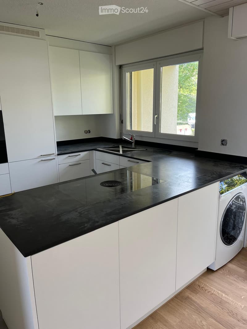 Modern kitchen with white cabinets, black countertops, a sink, and a washing machine. Features a large window with a view of greenery outside.