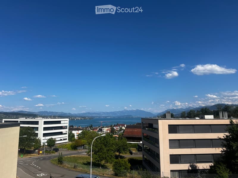 Modern multi-story residential buildings with large windows and balconies, surrounded by greenery and a scenic view of a lake and distant mountains.