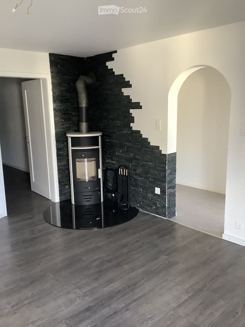 Modern room with dark wooden flooring, a black brick fireplace wall, a wood stove, and a small shelf beside it.