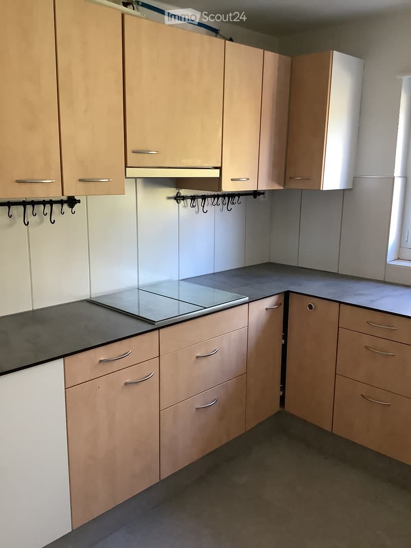 Modern kitchen with light wood cabinets, stainless steel handles, and a dark countertop. The space is clean and organized, featuring built-in storage and a sleek design.