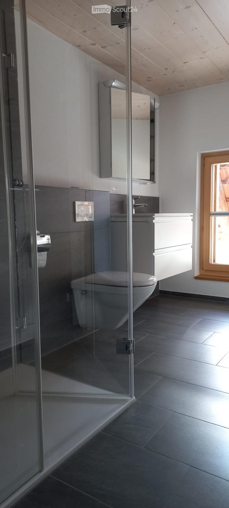 Modern bathroom with grey tiles, a glass-enclosed shower, a toilet, a sink with a mirror, and a wooden-framed window letting in natural light.