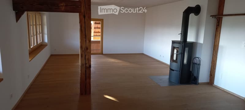 Empty room with wooden flooring, white walls, and a wood-burning stove with a chimney. There is a window with a wooden sill and a door leading to another room.