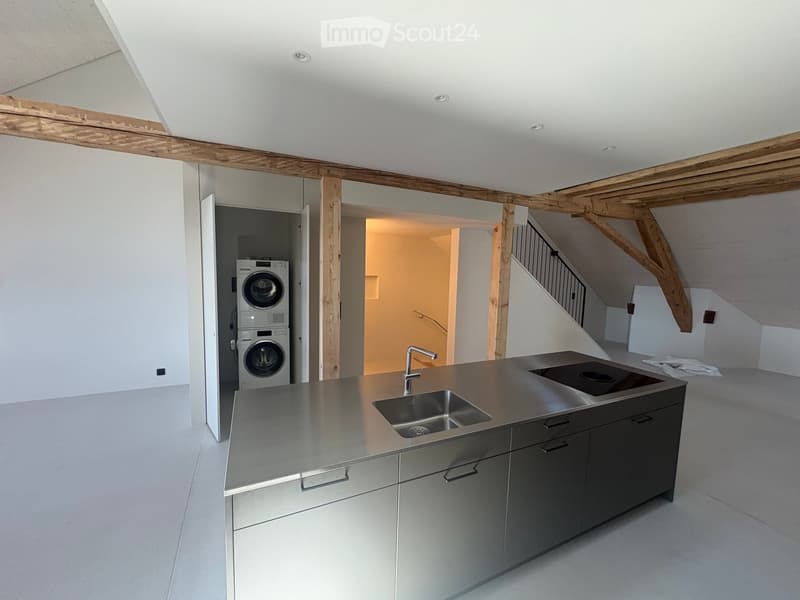 Modern kitchen with stainless steel sink, faucet, cabinets, and a washing machine in the background.