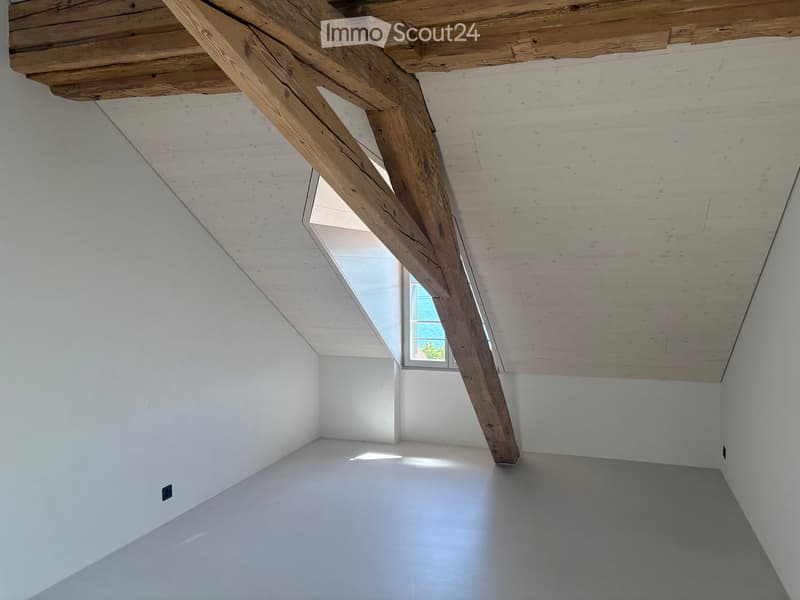 Empty attic space with exposed wooden beams, white walls, and a skylight window letting in natural light.