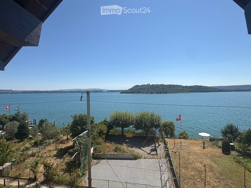 View from a balcony or terrace overlooking a large body of water with a distant island, surrounded by trees and a grassy area with playground equipment.