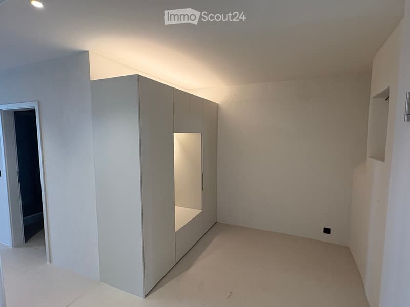 Empty room with light-colored walls, carpeted floor, built-in closet with illuminated interior, and a doorway leading to another space.