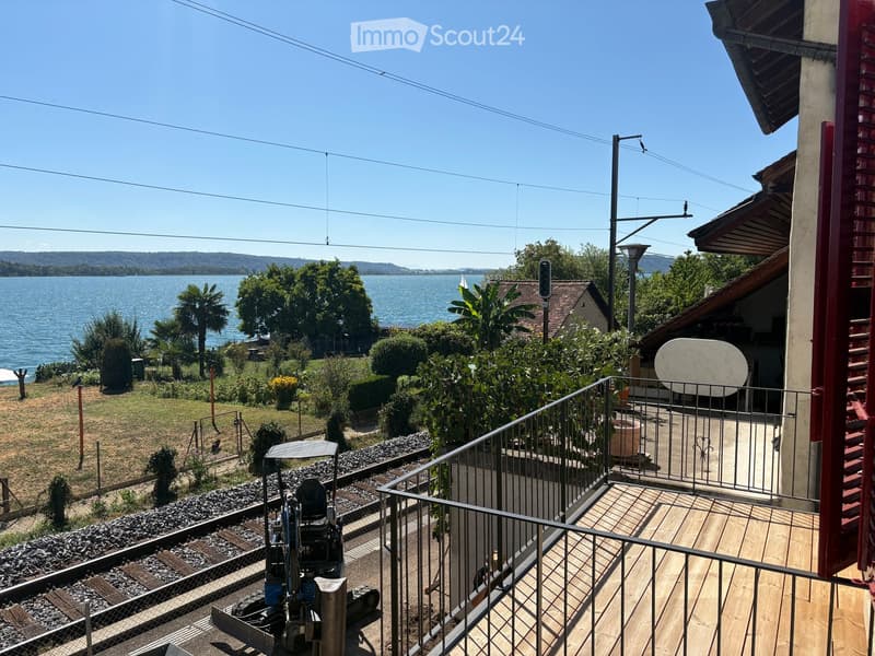 Balcony overlooking a scenic lake with a well-maintained garden, wooden deck, and metal railing.