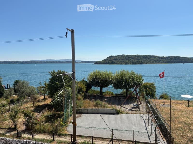 Outdoor area with a view of a lake, trees, a swing set, and a Swiss flag.