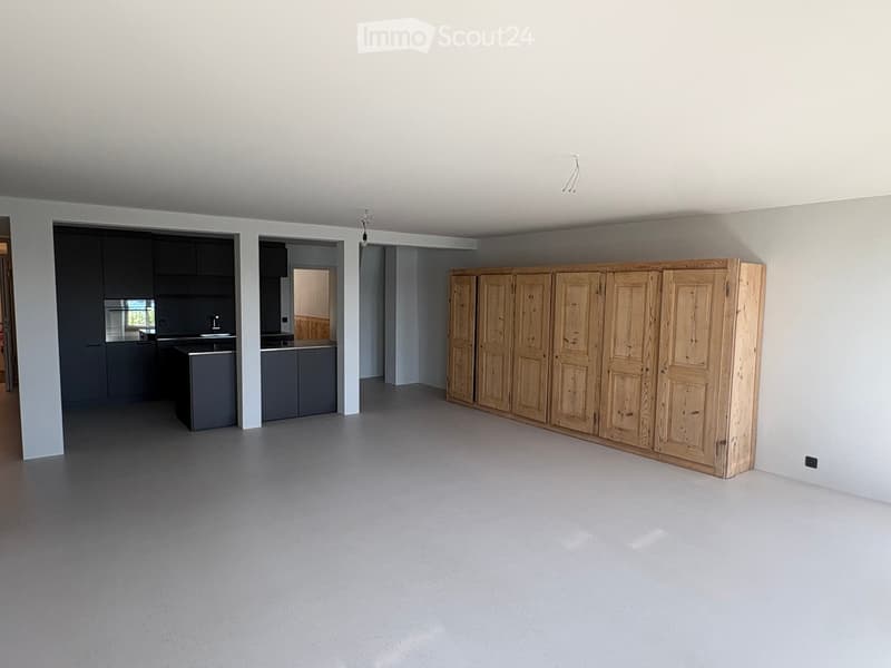 Empty room with grey walls, grey floor, and wooden cabinetry along one wall. No furniture or equipment present.