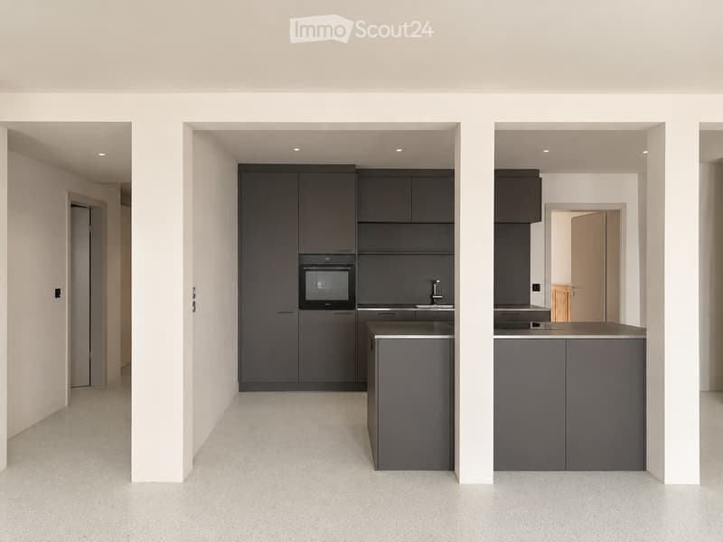 Kitchen. Modern kitchen with dark grey cabinets, built-in oven, sink, and faucet, featuring a central island and recessed lighting.
