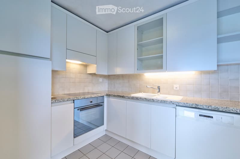Modern kitchen with white cabinets, granite countertop, built-in oven, dishwasher, and sink.