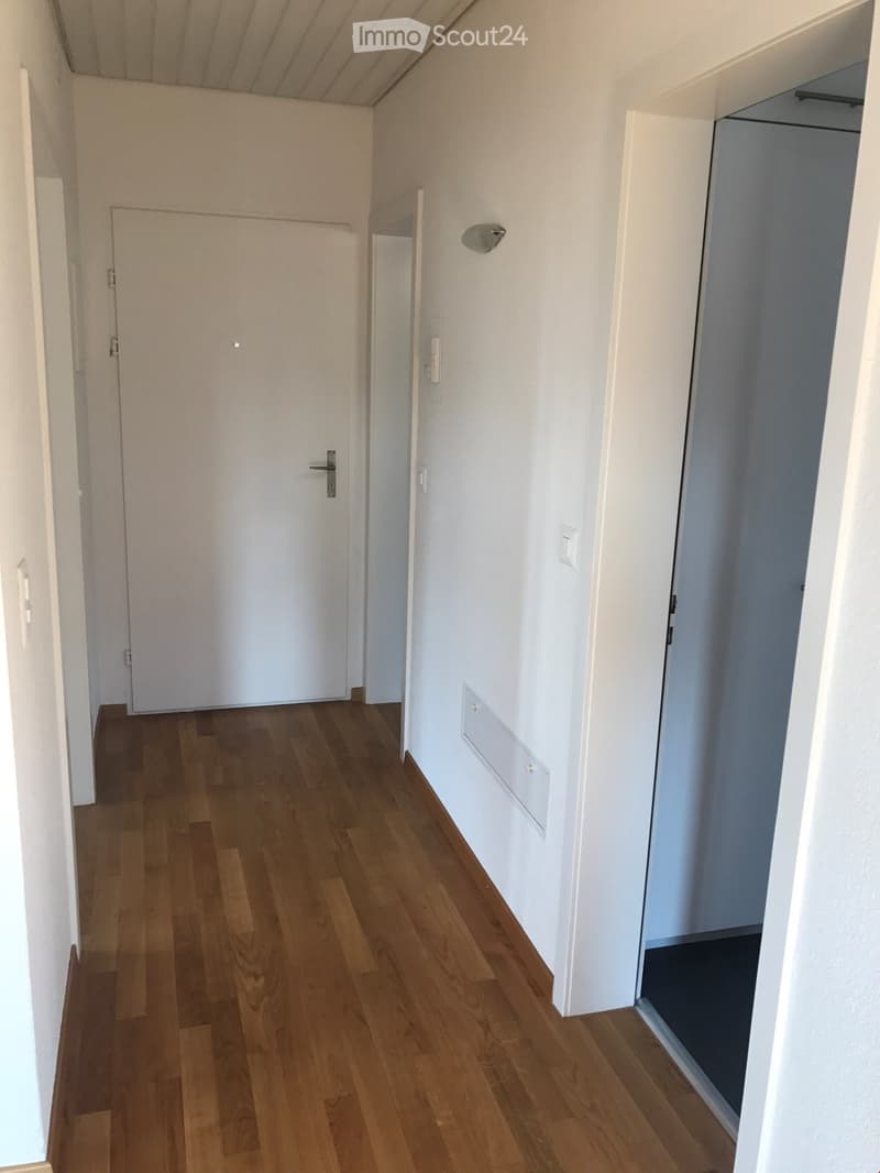 Empty hallway with light wooden flooring, white walls, and two doors, one leading to a room and the other to a closet.