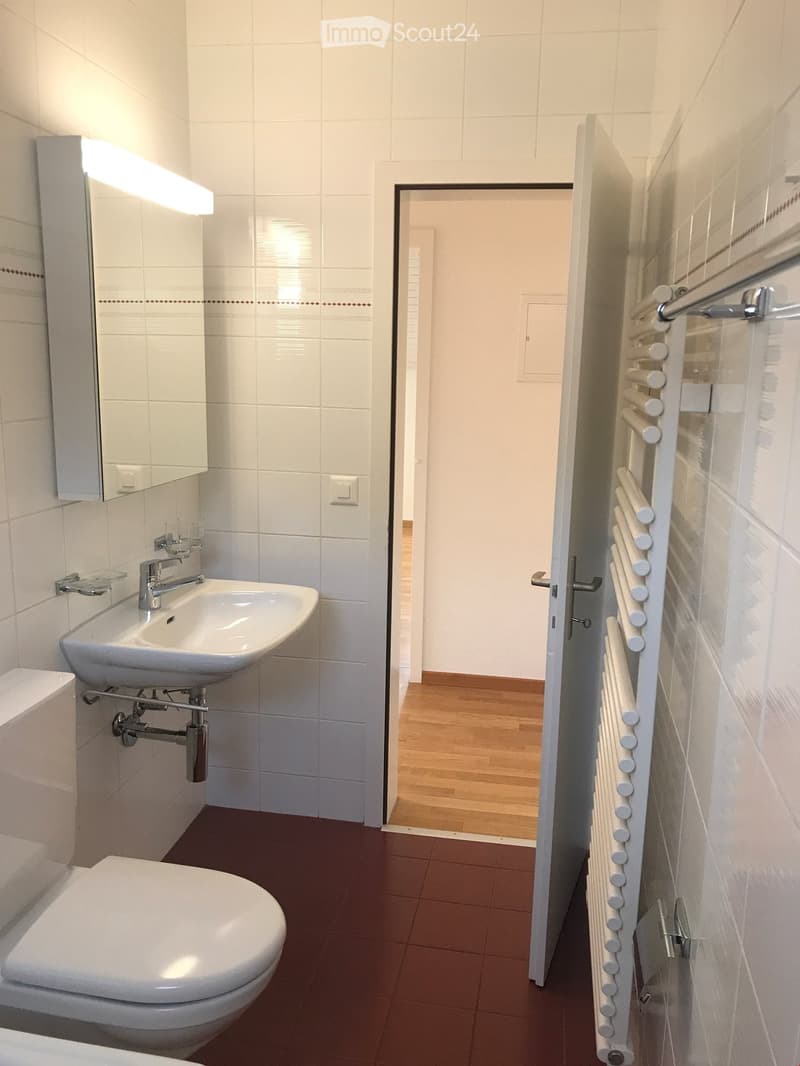Modern bathroom with white tiles, a toilet, a sink with a chrome faucet, a mirror cabinet, and a white radiator on the wall.