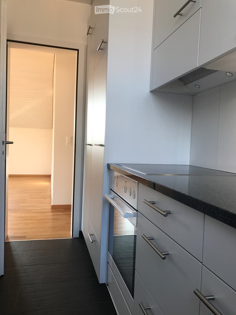 Modern kitchen with white cabinets, stainless steel oven, and dark wooden flooring.